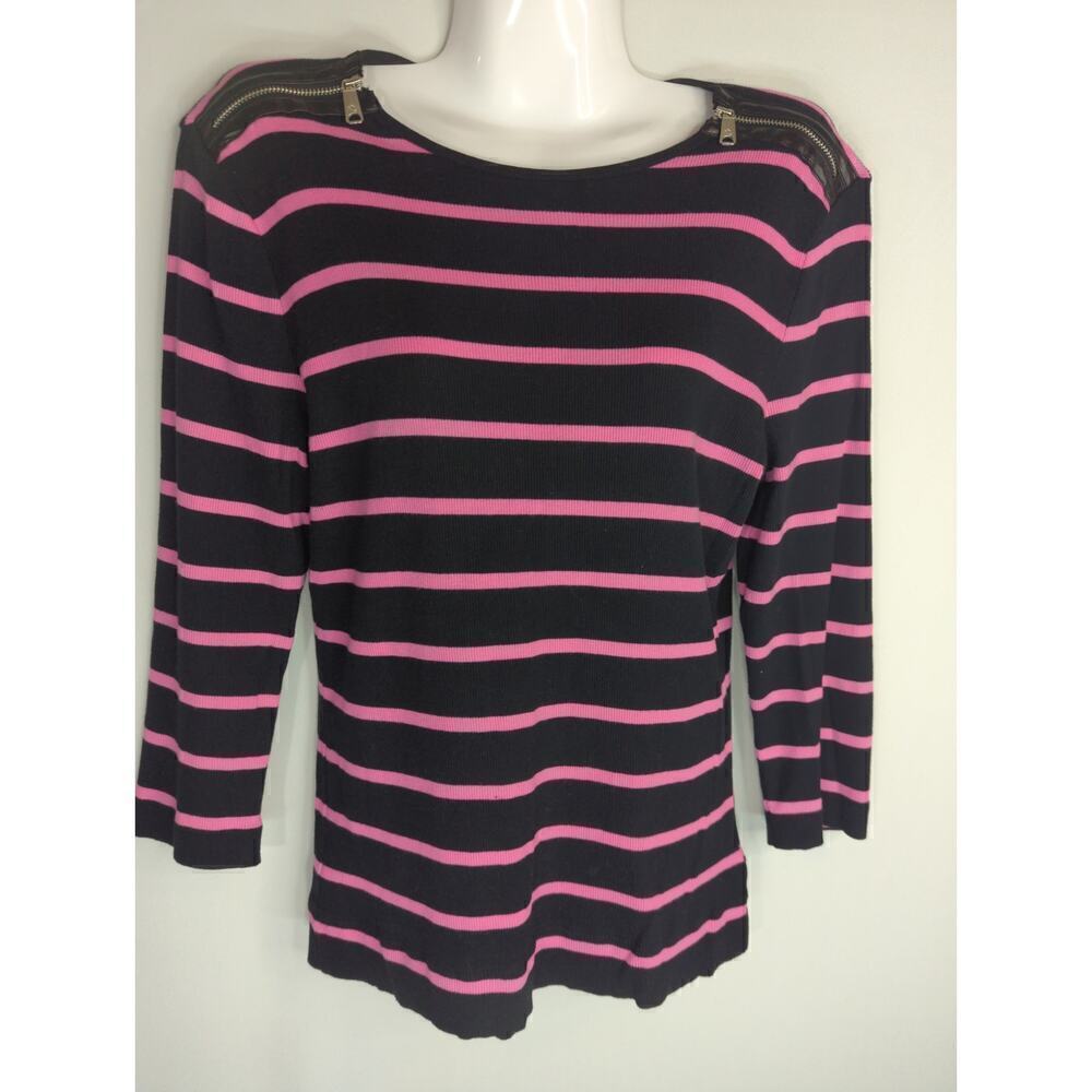 Lauren Ralph Lauren Womens Striped Zip Shoulder Sweaters Black Size Medium
